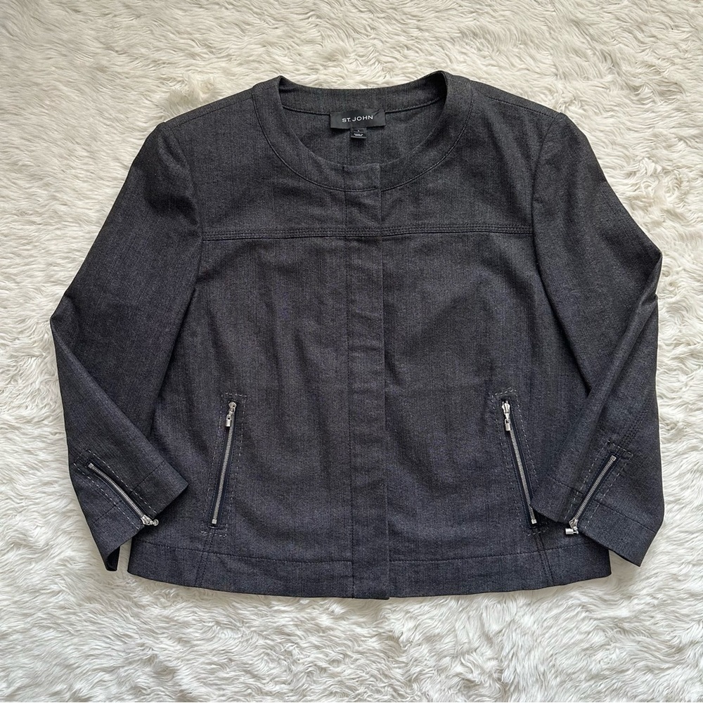 St. John Jacket Full Zip Up 3/4 Sleeves Collarless Pockets Denim Black L